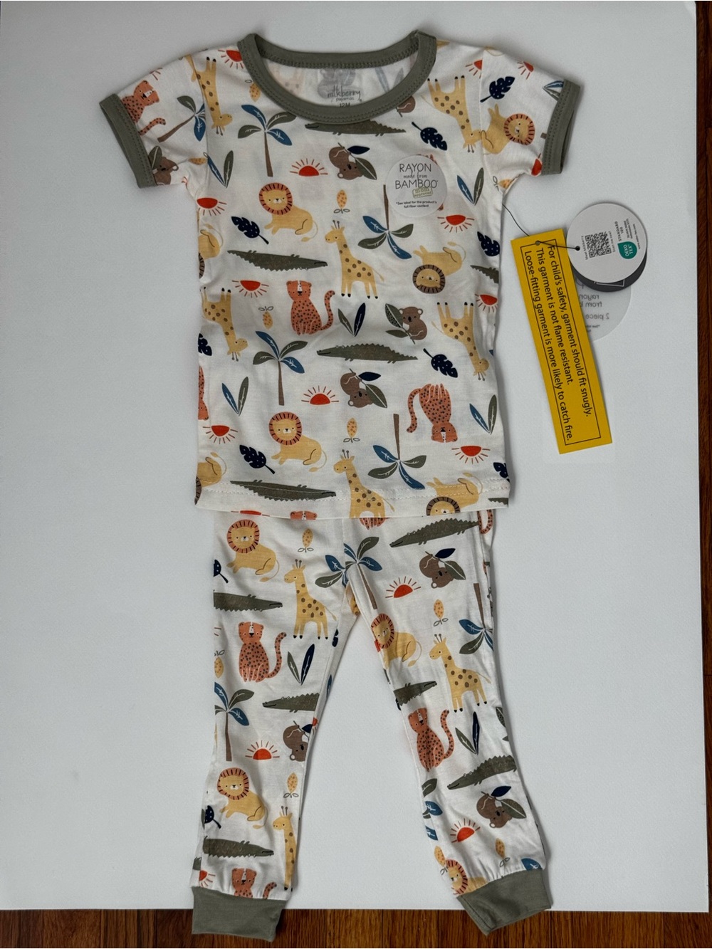 Bamboo Jungle Animal Pajama Set in White with Olive Trim